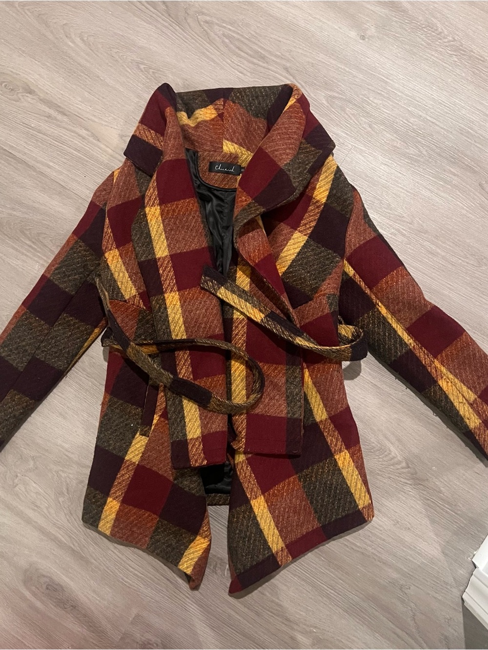 Chicwish Plaid Wrap Coat in Burgundy, Mustard & Olive size S - Picture 9 of 10